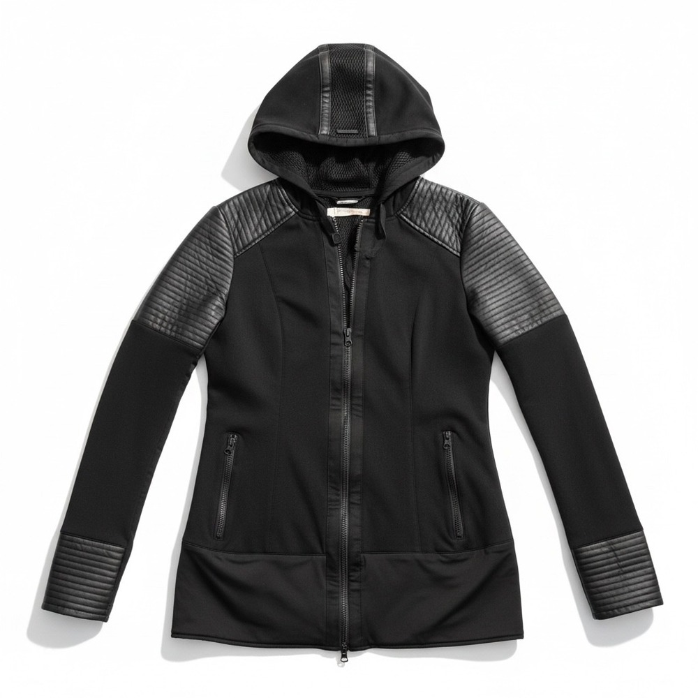 Blanc Noir Womens Medium Black Hooded Moto Jacket Mesh Quilted Zip Stretch